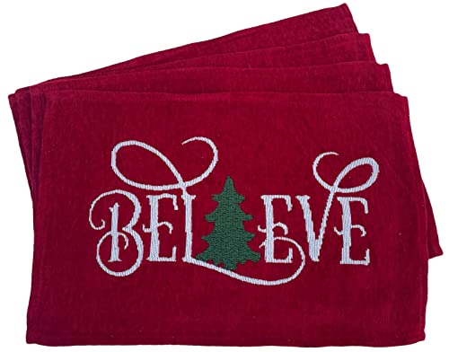 Set of 4 Red Velvet Tapestry Placemat Sentimet Believe with Christmas Tree, for