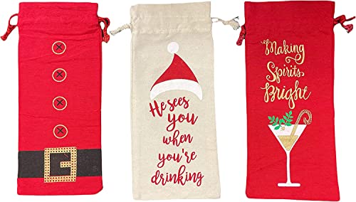 Set of 3, Christmas Canvas Wine bag with Drawstring and Saying, Reusable wine bag, Perfect gift for Holiday Season Size: 13.5 x 5.25 Inch.