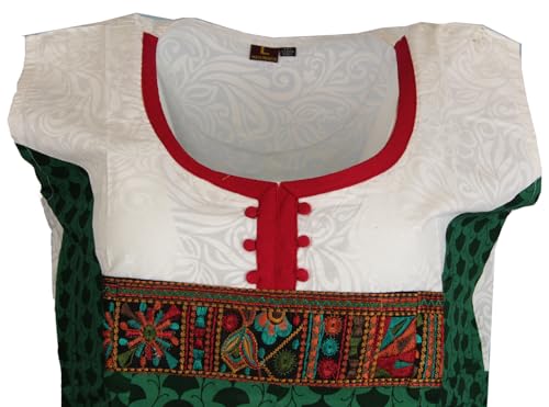 Tunic for Women White with Green Round Neck Embroidery Patchwork and Green Bottom Sleeveless Tunic Top Kurti.