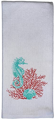 100% Cotton Seahorse and Seashell Nautical Coastal Design Flour Sack Kitchen Towel Soft and Absorbent Tea Towel / Hand Towels with Hanging Loop Size: 16 X 28 Inch.