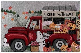 Set of 4, Halloween Tapestry Placemats - Vintage Truck with Ghost, Pumpkin and Sentiment with Truck or Treat Dining Table, Table mat for Dining Room Easy to Clean, Machine Washable Size: 13” x 19”.