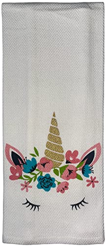 100% Cotton Unicorn Design Herringbone Flour Sack Kitchen Towel Soft and Absorbent Tea Towel / Hand Towels with Hanging Loop Size: 16 X 28 Inch.