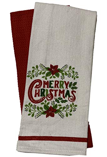 Set of 4, 100% Cotton Red and Green Poinsettia Flower with Merry Christmas on White Herringbone Pattern and Red Waffle Weave Kitchen Towel / Tea Towels Soft and Absorbent Size: 16 inch x 28 Inch.