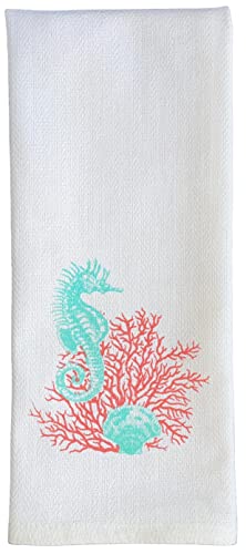 100% Cotton Seahorse and Seashell Nautical Coastal Design Flour Sack Kitchen Towel Soft and Absorbent Tea Towel / Hand Towels with Hanging Loop Size: 16 X 28 Inch.