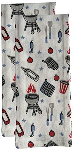 Set of 4, 100% Cotton Americana Theme Design Quilted Hanging Loop Kitchen Sets with Sentiments Barbeque Grill & Utensils Include 2 Kitchen Towels, Potholder & Oven mitt.