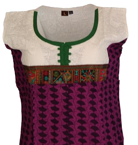 Tunic for Women White with Green Round Neck Embroidery Patchwork and Purple Bottom Sleeveless Tunic Top Kurti.