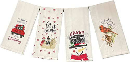 Set of 4, Christmas Holiday Print 100% Cotton Kitchen Towel / Tea Towel Size: 15” x 25".