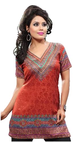 Indian Style Printed Kurtis for Women Short Crepe Kurti V-Neck, Short Sleeves Tunic Top Blouse. 1900-SS