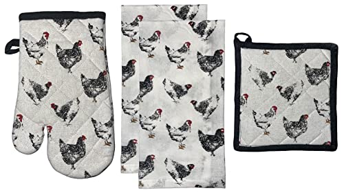 Set of 4, 100% Cotton, Farmhouse Design Black & White Rooster Sentiment Farmers