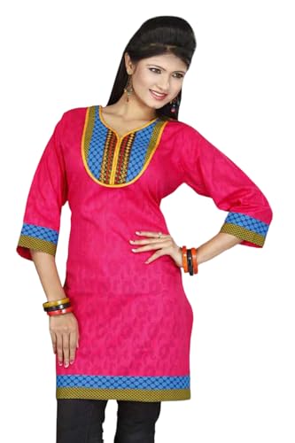 Tunic for Women V-Neck Embroidery, Multi Stripe Patchwork Yoke 3/4 Sleeves Long Kurti Kurta Tunic Top. Pink