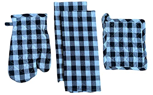 Set of 4, Christmas Black and White Farmhouse Plaid Check Woven Kitchen Towel Set, Includes 2 Kitchen Towels, 1 Pot Holder, 1 Oven Mitt.