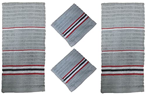 Set of 4, 100 Ring Spun Ribbed Terry Cotton 2 Kitchen Dish Towel Size: 16” x 27”, Wash Cloths Size: 13” x 13” Ultra Absorbent & Durable for Wiping Down Countertops, Dusting or Drying.