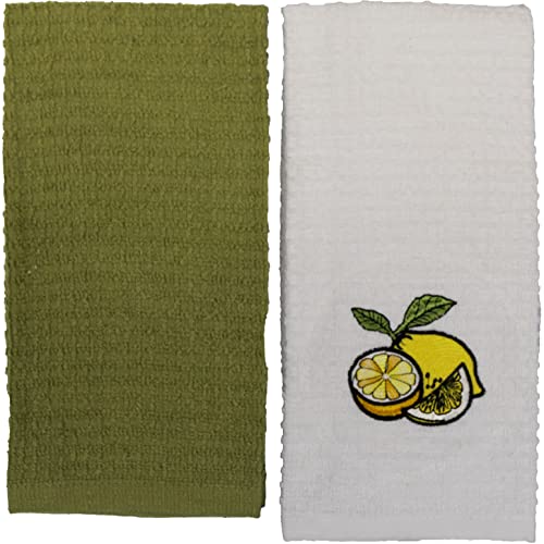 2 Pcs, 100% Cotton Terry Kitchen Towel - White Towel Lemon Embroidery & Plain Terry Kitchen Towel Size: 15 inch x 25 inch.