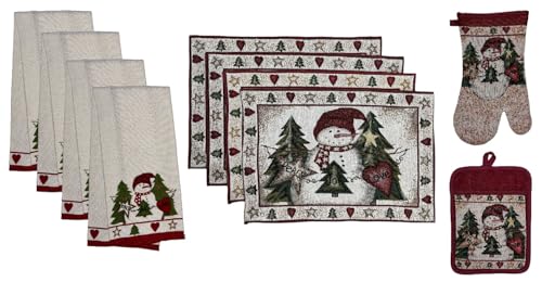 Set of 10, Christmas Tree, Snowman with Peace, Joy, Love Design Christmas/Holiday Season Kitchen Towel Set, 4 Placemats, 4 Kitchen Towels, Oven mitt, Pot Holder.