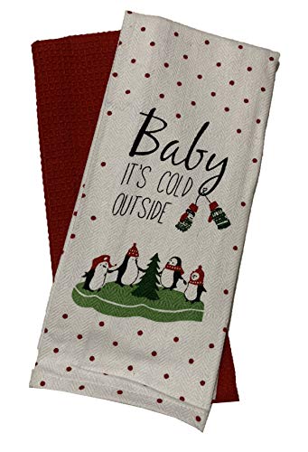 Set of 4, Snowman with Christmas Tree Quote Baby it’s Cold Outside, 100% Cotton Herringbone Pattern and Red Waffle Weave Kitchen Towel / Tea Towels Soft and Absorbent Size: 16” x 28".