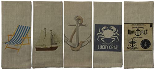 Set of 5, 100% Cotton Nautical Design Funny Quote Fresh Seafood Lucky Crab, Born Free, Beach Chair, Anchor, Boat Flour Sack Kitchen Towels / Dish Towels Size: 16 X 28 Inch.