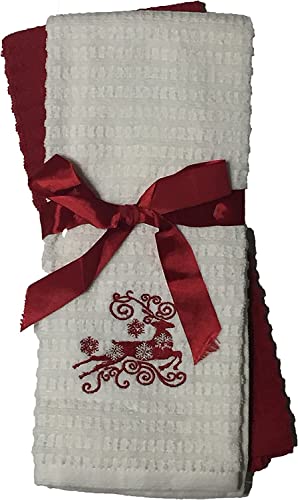 2 Pcs, Reindeer Embroidery on Beige and Plain Red 100% Cotton Waffle Weaves Christmas Holiday Kitchen Towels Size: 16 x 26 Inch.