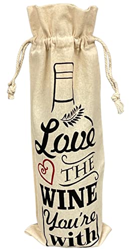 Set of 4, Everyday 100% Cotton Wine bag with Drawstring and Saying, Reusable wine bag, Perfect gift for Everyday or Holiday Season Size: 13 x 5 Inch.