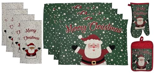 Set of 10, Snowfall Laughing Happy Santa Claus Saying Merry Christmas Design Christmas/Holiday Season Kitchen Towel Set, 4 Placemats, 4 Kitchen Towels, Oven Mitts, Potholder.