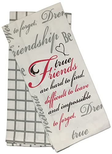 Set of 2, Printed Kitchen Towels Size: 15" x 25", 1 Checkered and 1 Plain White with Friendship Beautiful Message - True Friends are hard to find, difficult to leave and impossible to forget,