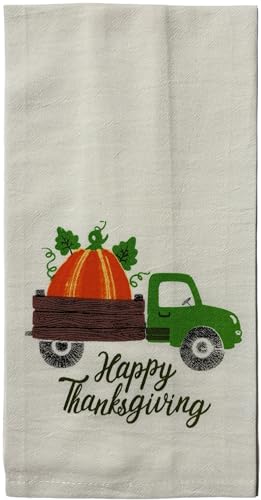 Set of 4, Pumpkin Truck with Happy Thanksgiving and Sunflower Design - Harvest Flour Sack Kitchen Towels with Gingham Check Kitchen Towels Size : 15" x 25".