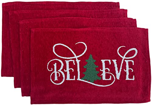 Set of 4 Red Velvet Tapestry Placemat Sentimet Believe with Christmas Tree, for