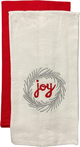 Set of 4, 100% Cotton Joy and Snowman Design Holiday Christmas Kitchen Towels Red and White, Soft and Absorbent. Size: 15” x 25”.