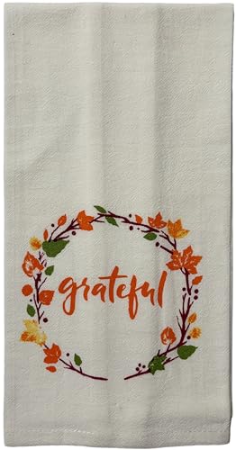 Set of 4, Fall Wreath with Grateful and Pumpkin with Hello Fall - Harvest Flour Sack Kitchen Towels with Gingham Check Kitchen Towels Size : 15" x 25".