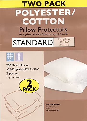 2 Pack, Poly-Cotton 200 Thread Count Pillow Protectors Zipper Pillow Encasement.