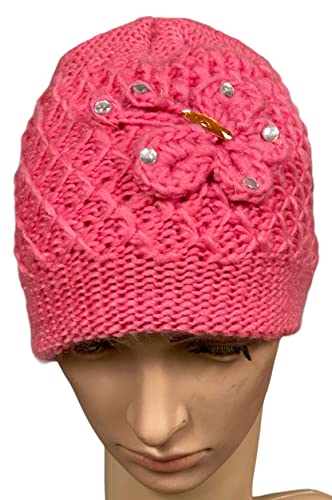 2 Pcs, Womens Wool Knitted Crochet Beanie Hat with Flower for Cold Weather Protection - One Size fits Most.