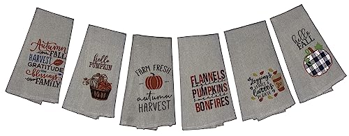 Set of 6, Fall & Harvest Halloween on Dark Linen 100% Cotton Vintage Saying Tea Towels/Kitchen Towel Size: 15” x 25".