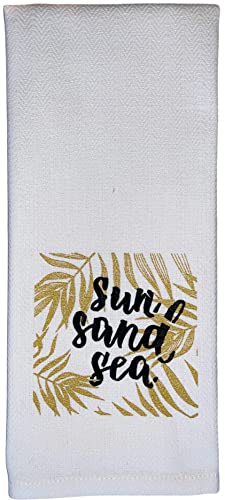 100% Cotton Sun Sand Sea Design Flour Sack Kitchen Towel Soft and Absorbent Tea Towel / Hand Towels with Hanging Loop Size: 16 X 28 Inch.