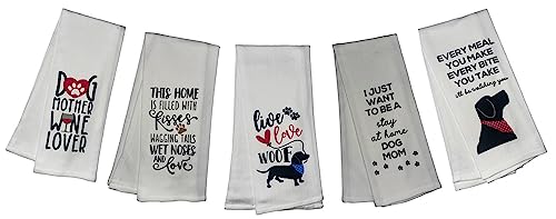 5 Pcs 100% Cotton Love My Dog Design White Funny Quote Herringbone Pattern Flour Sack Kitchen Towels Dish Towels/Dishcloths for Wedding, Baby Shower, Housewarming Gifts Size: 16 x 28 Inch.