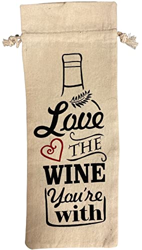 Set of 4, Everyday 100% Cotton Wine bag with Drawstring and Saying, Reusable wine bag, Perfect gift for Everyday or Holiday Season Size: 13 x 5 Inch.