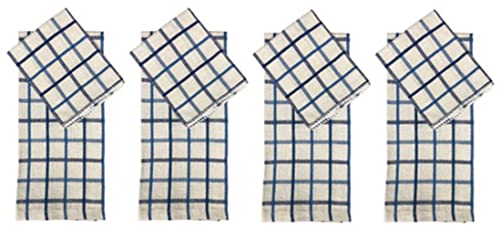 Set of 8, 100% Cotton, Blue Farmhouse Check Flat Woven Kitchen Towel Set, 4 Kitchen Towels with Hanging Loops Size: 15 x 25 inch and 4 Dishcloths for Drying & Wiping Dishes Size: 12 x 12 Inch.