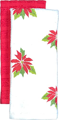 Set of 4, 100% Cotton 2 Pcs Poinsettia Flower Design Christmas Kitchen Towels and 2 Pcs Solid Red Terry Towels, Soft and Absorbent Size: 16” x 26".