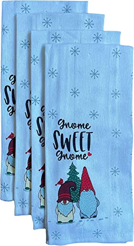 Set of 6, 100% Cotton, Holiday Season Kitchen Towel Sets Sentiment GNOME Sweet GNOME with Christmas Tree, Santa, Snowflake, Includes 4 Kitchen Towels, Pot Holder & Oven mitt.