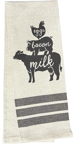 Set of 2, 100% Cotton, Chicken - Eggs, Pigs - Bacon, Cows – Milk, Farmhouse Themed Flour Sack Tea Towel/Kitchen Towel for Wedding, Baby Shower, Home Decor, Housewarming 16 X 28 Inch.