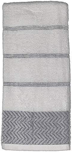 Zigzag Design with Stripes 100% Ring-Spun Terry Cotton Kitchen Dish Towels, Set of 4 - Size: 16 x 27 inch, 410 GSM, 2 White/Grey 2 Solid Grey with Hanging Loop Super Soft, Highly Absorbent.