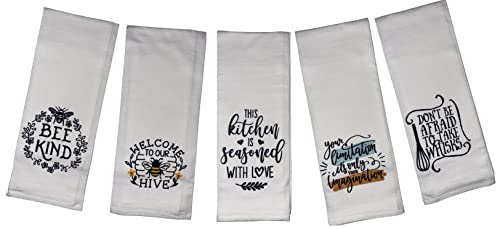 Set of 5, 100% Cotton Inspire Design Funny Cute Saying Flour Sack Kitchen Towels/Dish Towels for Wedding, Baby Shower, Home Decor, Housewarming, Other Occasions Size: 16 X 28 Inch.