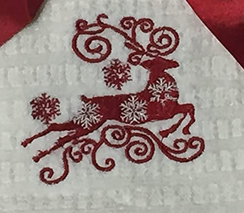 2 Pcs, Reindeer Embroidery on Beige and Plain Red 100% Cotton Waffle Weaves Christmas Holiday Kitchen Towels Size: 16 x 26 Inch.