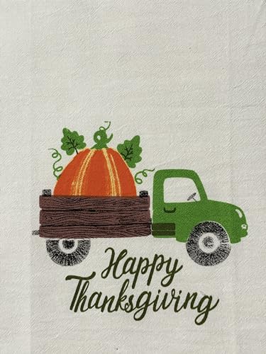 Set of 4, Pumpkin Truck with Happy Thanksgiving and Sunflower Design - Harvest Flour Sack Kitchen Towels with Gingham Check Kitchen Towels Size : 15" x 25".