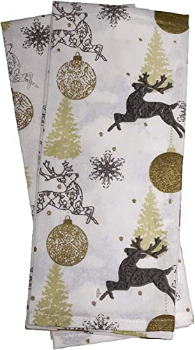 Set of 4, Reindeer, Christmas Tree, Christmas Bulbs, Snowflakes Design Christmas/Holiday Season 100% Cotton Kitchen Towel Set, Includes 2 Kitchen Towels, Pot Holder & Oven mitt.