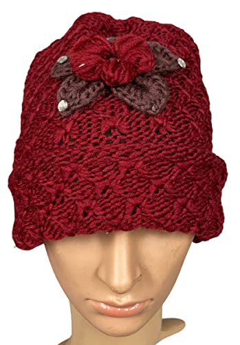 2 Pcs, Women Wool Knitted Crochet Insulated Beanie Hat with Flower for Winter Cold Weather Protection. (Mauve and Burgundy)