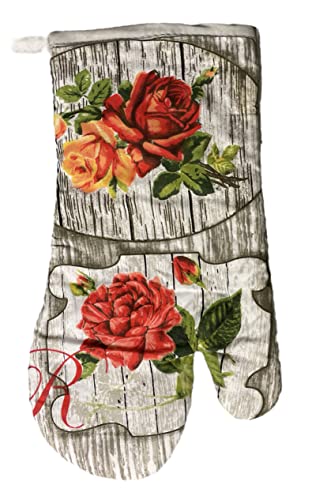 Rose Design 100% Cotton Printed Kitchen Linen Set of 4, Includes 2 Potholder, 2 Oven mitt Kitchen Décor for Cooking, Baking, Barbecue