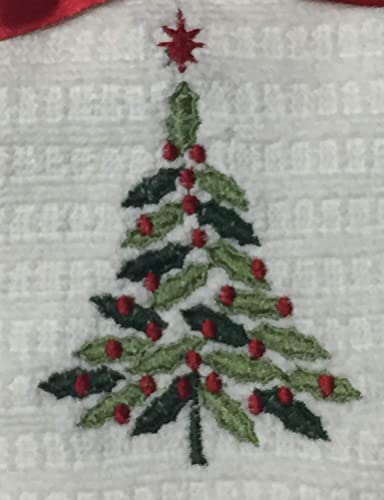 2 Pcs, Christmas Tree Embroidery on White and Plain Green 100% Cotton Waffle Weaves Christmas Holiday Kitchen Towels Size: 16 x 26 Inch.