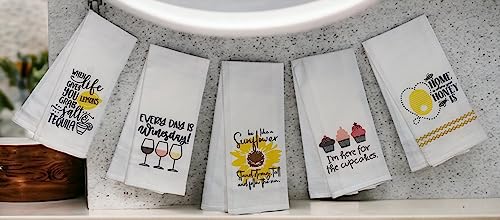 Set of 5, Flour Sack Saying Kitchen Towels Every Day is Wines Day! I’m Here for The Cupcakes, Home is Where Your Honey is, for Housewarming, Wedding, Baby Shower, Size: 16 X 28 Inch.