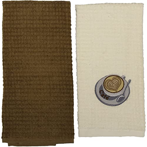 2 Pcs, 100% Cotton Terry Kitchen Towel - Beige Towel Heart Café Embroidery & Plain Terry Kitchen Towel Size: 15 inch x 25 inch.