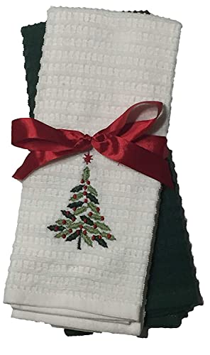 2 Pcs, Christmas Tree Embroidery on White and Plain Green 100% Cotton Waffle Weaves Christmas Holiday Kitchen Towels Size: 16 x 26 Inch.