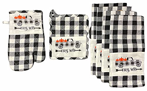 Antique Truck with Pumpkin, Thanksgiving Autumn Fall with Farmhouse Buffalo Plaid Set of 6 Kitchen Towel Set 4 Kitchen Towels, Potholder, Oven Mitt.